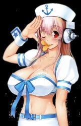 anchor anchor_symbol bad_id bad_link bad_twitter_id bandeau blush breasts chips_(food) cleavage collarbone crumbs female female_focus food hat headphones highres large_breasts long_hair looking_at_viewer mouth_hold navel nitroplus official_art one_eye_closed pink_eyes pink_hair potato_chips pringle_duck pringles puffy_short_sleeves puffy_sleeves sailor_collar sailor_hat sailor_uniform salute short_sleeves smile solo strapless super_sonico transparent_background tsuji_santa wrist_cuffs