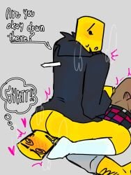 2boys arm_hair ass blush bottom_on_top bottomless bulge_through_clothing devesto die_of_death_(roblox) dizzy_eyes drool drooling english_text facesitting feeling_good feeling_pleasured gay hard_cock hard_penis heart looking_back mequot nervous nervous_expression panting roblox robloxian sitting sitting_on_another sitting_on_face sitting_on_person smile sweat text thigh_highs thighhighs yellow_body yellow_skin