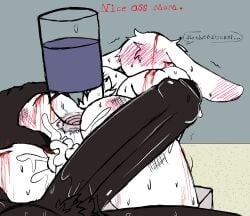 adam_manchester after_sex anthro anus black_body black_fur blood bodily_fluids bottle_in_ass butcher_pal canid canine canis cum cumshot dripping duo ejaculation exhausted female first_person_view fur gaping gaping_anus genital_fluids genitals hi_res lagomorph male male/female mammal penis stepmother_(lore) stepparent_(lore) sweat wine_bottle wolf wounded