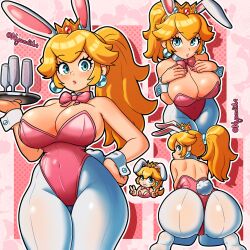 1girls ass ass_shot big_ass big_breasts blonde_hair blue_eyes blush breasts bunny_ears bunny_tail bunnysuit cleavage close-up crown double_peace_sign ear_piercing earrings fake_animal_ears fake_tail female female_only glass hair hand_on_hip hat headwear hips holding_plate huge_ass huge_breasts leggings legwear mario_(series) multiple_views neckwear nintendo nyazuliart peace_sign pink_bunnysuit plate ponytail princess_peach ribbon solo solo_female tail thick_thighs thighs tied_hair white_legwear wide_hips wine_glass