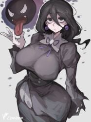 1girls absurdres alternate_breast_size_(larger) arm_at_side artist_logo artist_name black_eyes black_hair breasts closed_mouth dress earrings eipelppa female gastly gen_1_pokemon hair_between_eyes hand_up hex_maniac hex_maniac_(pokemon) hex_maniac_(pokemon_legends:_z-a) hex_maniac_(z-a) highres huge_breasts iepelppa impossible_clothes impossible_dress iparupua iparuputsua ipelppa jewelry logo long_hair long_hair_between_eyes long_sleeves looking_at_viewer neck_ribbon nintendo pokemon pokemon_(creature) pokemon_legends:_z-a ribbon standing