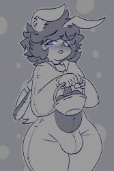 2:3 animal_costume anthro basket big_bulge blush blush_lines buckteeth bulge choker clothing container costume cryptia cryptiacurves digital_drawing_(artwork) digital_media_(artwork) easter easter_egg embarrassed femboy glowing glowing_eyes greyscale hair hi_res holding_basket holding_container holding_object holidays jewelry lagomorph leporid male mammal messy_hair monochrome necklace purple_eyes rabbit short_hair shy solo spot_color teeth thick_thighs wide_hips