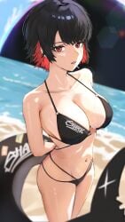 1girls animal_tail arms_behind_back beach big_breasts bikini bikini_bottom bikini_top black_bikini black_hair bottomwear breasts cleavage ellen_joe female female_only hair huge_breasts lollipop lollipop_in_mouth red_eyes red_hair shark_girl shark_tail short_hair solo solo_female swimwear tail terableart thighs topwear two-tone_hair zenless_zone_zero