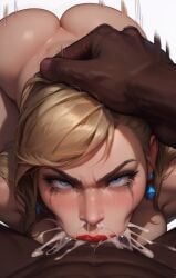ai_generated angry big_breasts blonde_hair blowjob cum cum_in_nose deepthroat fullmetal_alchemist long_hair massive_penis naked penis pov red_lipstick ruined_makeup runny_makeup throat_bulge throat_fuck winry_rockbell