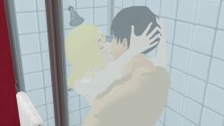 1boy1girl attack_on_titan behind_glass blonde_female blonde_hair bottomless closed_eyes couple_(romantic) dark_brown_hair erehisu eren_jaeger hands_behind_another's_head historia_reiss im_whoop kissing light-skinned_female looking_up_at_partner metal_frame mikumikudance muscular_male naked naked_female naked_female_naked_male naked_female_with_naked_male naked_male nipples see-through shingeki_no_kyojin shower showerhead showering showering_together tbomb100 tiled_wall towel