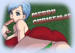 1girls bulma_briefs cameltoe candy_cane candy_cane_in_mouth christmas dragon_ball dragon_ball_super dress female female_only green_panties panties pantyhose phallic_imagery r0se solo upskirt