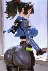 1girls ai_generated female female_only from_side high-waist_pants huge_ass marshalperv pervmarshal ponytail shiny_skin solo_female thick_thighs zenless_zone_zero zhu_yuan
