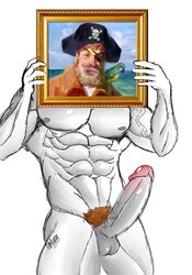 1boy 5_fingers abs balls bara beard big_penis brigh_(artist) captain_(spongebob_squarepants) circumcised color digital_media_(artwork) erection eyepatch facial_hair funny holding human male male_focus male_only muscle muscles muscular muscular_male nipples ofstrial panting parrot pecs penis picture_frame pirate pirate_hat pose posing pubic_hair sketch solo solo_male spongebob_squarepants standing testicles uncensored url veiny_muscles veiny_penis what