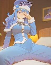 1futa 2025 ai_generated artist_name blurry blurry_background blurry_foreground blush breasts bust capelet chest christmas depth_of_field fairy_tail fur-trimmed_capelet fur-trimmed_headwear fur-trimmed_jacket fur_trim futanari hat hi_res high_quality high_resolution highres indoors juvia_lockser long_hair merry_christmas novalust one_eye_closed patreon patreon_username santa_costume santa_hat sitting stable_diffusion watermark