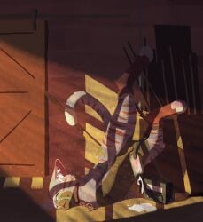 4_toes arms_tied backbend balls barefoot barn_door bodily_fluids bondage bound chained chains chuchochi chuchochi_(character) collar crate cuff_(restraint) cuffed_ankles cum cum_on_ground cum_on_penis digitigrade domestic_cat dust erection eyebrows feet felid feline felis flexible fur genital_fluids genitals green_eyes green_sclera grey_body grey_fur hi_res inner_ear_fluff inside legs_up light machine machine_bondage male mammal metal_bondage metal_cuffs multicolored_body multicolored_fur muzzle_(object) muzzled nude orgasm pawpads penis pink_ears pink_nose pink_pawpads pink_penis plank purple_body purple_fur red_body red_fur red_stripes restrained_arms restrained_legs restraints rope rope_bondage shadow solo spread_legs spreading stripes tail toes tuft white_body white_eyebrows white_fur wood