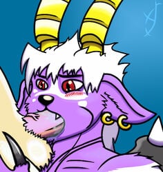 anthro balls blush buwaro_elexion claws demon duo ear_piercing erection faceless_male fellatio fur hair horn humanoid_penis male male_only mammal oral penis piercing purple_fur red_eyes sex slightly_damned webcomic white_hair xarxaxyl