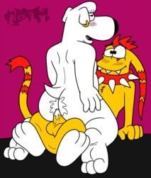 anal anal_sex anthro anthro_on_anthro anus ass balls blush canine catscratch cowgirl_position cum cum_on_ass duo family_guy feline food jasper_(family_guy) male male_on_top male_penetrating mammal on_top penetration penis sex tbfm waffle_(catscratch) yaoi