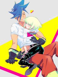 2boys androgynous ass clothing embarrassed femboy fully_clothed galo_thymos gay light-skinned_male lio_fotia on_lap promare questionable size_difference tight_clothing twink yaoi