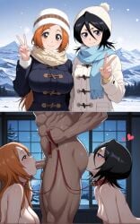 1boy 1boy2girls 2girls 2girls1boy ai_generated anilingus black_hair bleach blowjob blue_plate_special blush breasts brown_eyes coat collar collar_and_leash completely_naked completely_nude day different_breast_sizes faceless_male fellatio ffm_threesome group group_sex hair_between_eyes half-closed_eyes hat heart heavy_breathing holding_leash indoors inoue_orihime kuchiki_rukia large_breasts leash long_hair looking_at_viewer mountain muscular_male naked netorare night nipples notreallyhere ntr nude oral_sandwich orange_hair outdoors peace_sign purple_eyes rimming scarf small_breasts snow straight threesome unseen_male_face v_sign