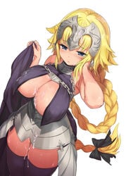 aokihoshi blonde_hair blue_eyes blush braid breasts cum cum_on_body cum_on_breasts cum_on_hair cum_on_lower_body cum_on_upper_body facial fate/apocrypha fate_(series) female headpiece highres ichigeki-kun jeanne_d'arc_(fate) jeanne_d'arc_(fate)_(all) large_breasts long_hair looking_down purple_legwear simple_background single_braid solo thighhighs very_long_hair white_background