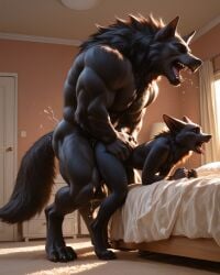 2boys ai_generated anal anal_sex anthro anthro_on_anthro canine couple cum cum_drip cum_dripping_from_ass cum_in_ass cum_inside doggy_style duo furry gay howling looking_pleasured looking_up male male_on_male muscular muscular_male orgasm orgasm_from_anal realistic size_difference werewolf wolf