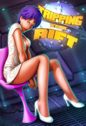 14-bis 2015 android blue_eyes chair dress female female_only grin gynoid happy heels high_heels purple_hair red_lips robot_girl seated short_hair sitting six_(tripping_the_rift) smile smiling smirk thong transparent_clothing tripping_the_rift