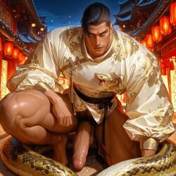 ai_generated athletic_male bara bottomless chinese_clothes dark_hair gay handsome male_only muscular_legs muscular_male naked_from_the_waist_down partially_clothed partially_clothed_male partially_nude partially_undressed smiling_at_viewer solo_male zodoai