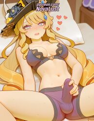 1futa 2025 ai_generated artist_name average_breasts blue_eyes blush breasts bulge bust chest drill_hair erection erection_under_clothes futanari genshin_impact hat heart heart-shaped_pupils hi_res high_quality high_resolution highres long_hair medium_breasts navel navia_(genshin_impact) normal_breasts novalust open_mouth patreon patreon_username pillow solo stable_diffusion sweat symbol-shaped_pupils twin_drills watermark witch_hat