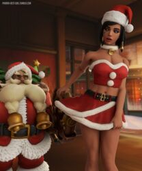 3d alternate_costume black_eyes black_hair blender christmas christmas_outfit dark-skinned_female dark_skin female high_resolution king's_row_(map) muscle muscular_female overwatch pharah pharah-best-girl santaclad_torbjörn skirt skirt_lift torbjörn