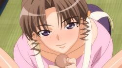 10s 1boy 1girls 2011 age_difference all_fours animated anime_screenshot apron bent_over blush bottomless bow brown_hair female handjob incest long_skirt mature_female mole mole_under_eye moroboshi_kyouko moroboshi_ryuuichi mother_and_son older_female_and_younger_male older_woman_and_younger_man penis pervert purple_eyes skirt straight sweet_home uncensored