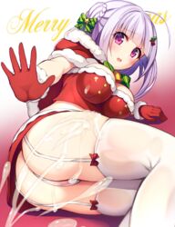 ahoge ass azur_lane bell blush bow breasts christmas cleavage cum cum_on_body cum_on_lower_body cygnet_(azur_lane) female garter_straps gloves gradient gradient_background green_bow hairbow lavender_hair long_hair looking_at_viewer medium_breasts merry_christmas noukatu pink_eyes red_background red_gloves santa_costume solo striped striped_bow thighhighs white_background white_legwear