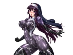 blush bodysuit breasts bukkake busty cleavage cum cum_on_body cum_on_breasts cum_on_hair cum_on_lower_body cum_on_upper_body elbow_gloves erect_nipples erect_nipples_under_clothes female gloves habit hips kamori_sayaka large_breasts latex matai_toshi nipples nun purple_hair rindou_(radical_dream) rindou_aya shiny shiny_clothes skin_tight slime solo thick_thighs thighhighs thighs transparent_background voluptuous wide_hips