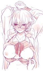 1girls arms_up blush bound_wrists bra bra_down breasts_out breath canon_genderswap class_3-z colored_sketch embarrassed female female_focus genderswap_(mtf) ginko_sakata gintama gintoki_sakata inverted_nipples looking_away nipple_pinch nipple_tweak official_alternate_costume open_jacket restricted_palette rule_63 shirt_up short_hair sketch solo_focus teacher very_short_hair yunfa