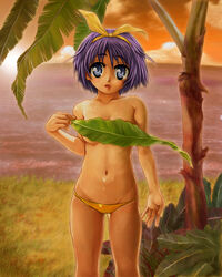 1girls bikini_bottom blue_eyes lucky_star object_censor purple_hair short_hair solo tagme tsukasa_hiiragi warm_lighting