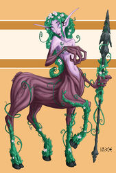 1girls bare_shoulders breasts centaur covering_breasts dryad female green_hair hooves long_hair msc navel nude orange_background pointy_ears purple_eyes purple_skin spear taur topless warcraft weapon