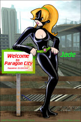 1girls belt bodysuit character_name city_of_heroes cleavage cleavage_cutout curvaceous curvy curvy_female facing_viewer full_body green_belt hand_on_hip high_ponytail jade_fontaine outdoors ponytail pvp red_lipstick solo tagme webcomic welcome_sign