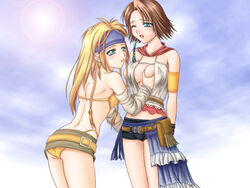 0-g_(0-g_labo) 2d 2girls ass blonde_hair bra braid breast_grab breasts brown_hair female female_only final_fantasy final_fantasy_x-2 green_eyes lingerie multiple_girls outdoors panties rikku squinting tear underwear upskirt yellow_bra yellow_panties yuna yuna_(gunner) yuri