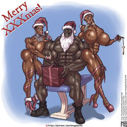 2girls big_ass christmas dark-skinned_female dark-skinned_male dark_skin english_text female large_breasts male mnogobatko present text