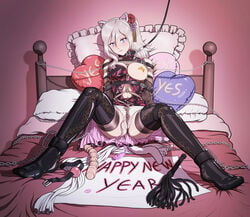 1girls animal_ears arisa_iriinchina_amieera bondage chinadress cleavage erect_nipples female god_eater_2 on_bed pantsu possible_duplicate pussy_juice reptileye spread_legs spreading tail thighhighs vibrator