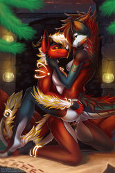 anthro anthro_penetrating breasts burning_candles candles canine christmas cum dragon duo eye_contact female fireplace holidays horn hybrid inside kneeling male mammal mane nipples nude orange_eyes sex sideboob straight tril-mizzrim wolf