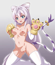 blush breasts digimon digimon_(species) female gatomon gloves heigako nude personification pussy tailmon