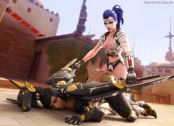 2girls 3d all_fours alternate_costume anubis_pharah black_eyes black_hair blender dark-skinned_female dark_skin dildo doggy_style female female_only from_behind high_resolution multiple_girls muscle muscular_female overwatch pharah pharah-best-girl power_armor rape sex_toy strap-on talon_widowmaker temple_of_anubis_(map) top-down_bottom-up widowmaker yuri