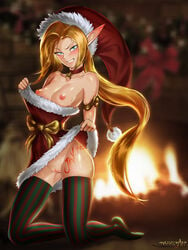 2017 ambitious_elf_jinx blonde_hair bow breasts choker christmas female fire fire_place jinx_(league_of_legends) league_of_legends legs long_hair mayhem_(artist) nipples pointy_ears pussy ribbon riot_games santa_hat snowdown_showdown_series sweat thighhighs