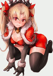 bangs bent_over black_gloves black_legwear black_socks blonde_hair blush breasts christmas cleavage commentary_request cuffs curvy detached_collar dress elbow_gloves ereshkigal_(fate) fate/grand_order fate_(series) female gloves hair_ribbon highres hips long_hair medium_breasts parted_bangs red_dress red_eyes red_ribbon ribbon santa_costume santa_suit seiza short_dress simple_background sitting skull socks solo srsojiro sweatdrop thick_thighs thigh_socks thighhighs thighs tiara tohsaka_rin twintails two_side_up wide_hips wrist_cuffs zettai_ryouiki