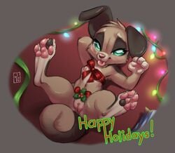 anthro areola blue_eyes bow breasts brown_fur canine christmas christmas_lights clitoris english_text erect_nipples female fur furry holidays holly_(plant) mammal nipples pawpads plant presenting presenting_pussy pussy reign-2004 ribbons solo spread_legs spreading tan_fur text tongue tongue_out