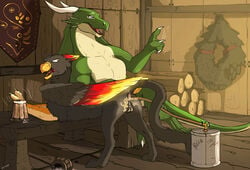 alcohol anal ass avian beer beverage dragon drunk enema fan_character feral firegryph gryphon male tavern velos zafara