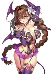 ass bell bell_collar bikini blush braid breasts brown_eyes brown_hair choker cleavage collar demon_girl demon_horns demon_tail demon_wings female garter_straps gloves head_wings horns kanpani_girls long_gloves long_hair mole mole_under_eye naughty_face navel open_mouth seductive_smile shirayuri_sakura smile succubus tail thighhighs white_background wings