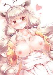 absurdres bangs blonde_hair blunt_bangs blush breasts breasts_out collarbone commentary drill_hair female goat_ears hands_on_own_chest heart highres horns kanzakietc kemono_friends large_breasts long_hair looking_at_viewer low_twintails markhor_(kemono_friends) nipples off_shoulder orange_eyes smile solo top_pull twintails