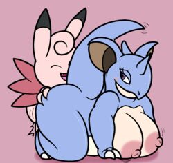 2017 anthro belly big_breasts big_thighs blush breasts claws clefable duo female huge_breasts male mr.under nidoqueen nintendo nipples nude overweight penetration pokemon pokemon_(species) sex simple_background size_difference slightly_chubby smile straight thick_thighs video_games