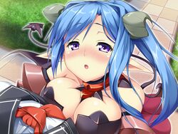 blue_hair blush breasts demon_girl demon_horns demon_tail demon_wings erect! female female horns large_breasts open_mouth purple_eyes seductive_smile succubus tail wings