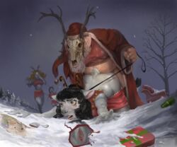 2017 all_fours anthro anthro_penetrated antlers being_watched bell black_hair blonde_hair body_hair brown_eyes cervine christmas coat crying doggy_style english_text female forced from_behind_position fur hair happy_trail hat holidays horn human_on_anthro interspecies isatan krampus krampus_(cosplay) leash light-skinned_male light_skin makeup male mammal mascara overweight pussy rape reindeer rudolph_the_red_nosed_reindeer rule_63 santa_claus sex skull snow speech_bubble straight tears text virgin white_fur white_skin