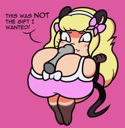 2017 annoyed anthro big_breasts blonde_hair blush breasts cleavage clothed clothing dialogue digital_media_(artwork) english_text female hair hair_ribbon hairbow huge_breasts hyper hyper_breasts mammal mouse mr.under paizuri penis ribbons rodent sex simple_background slit_pupils solo text tiffy_cheesecake voluptuous