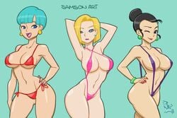 3girls alternate_version_available android_18 bikini bimbo black_hair blonde_hair blue_hair bulma_briefs chichi color_edit dragon_ball dragon_ball_z eyeshadow hourglass_figure lipstick makeup milf multiple_girls nail_polish purple_lipstick purple_nails red_lipstick red_nails rsterling samson_00 sling_bikini wink