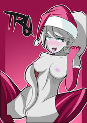 1girls blue_eyes breasts christmas dragon_ball dragon_ball_xenoverse female female_majin grey_skin humanoid majin masturbation monster_girl nipples original_character puddin solo tentacle_hair thelustyomni-blade