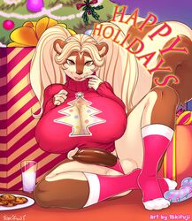 1futa 2017 anthro balls big_breasts breasts brown_eyes brown_nose christmas christmas_tree cleavage clothed clothing cookie dickgirl english_text food futa_only futanari gift hair hi_res holidays holly_(plant) humanoid_penis intersex legwear long_hair looking_at_viewer mammal milk mimi_"godiva"_dulcifer multicolored_hair panties penis plant skunk smile socks solo solo_futa soulblader sweater text tokifuji tree twintails two_tone_hair underwear